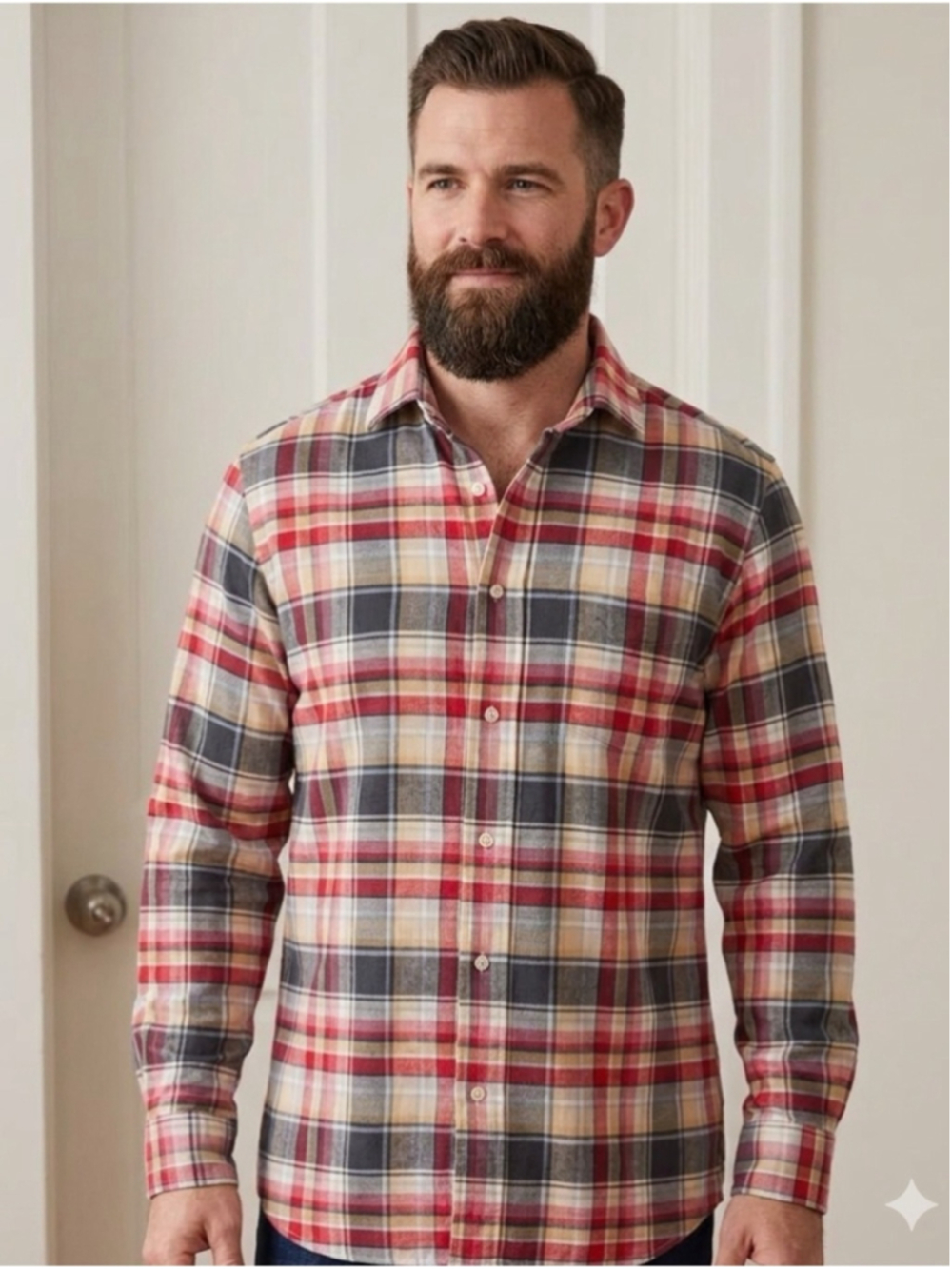 Alan Paine England Updated Fit 100% cotton red tan plaid flannel button up shirt